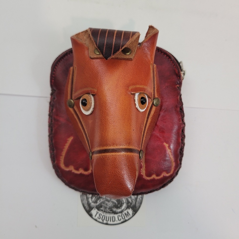 Handmade Genuine Leather Horse Coin Purse 3D Animal Floral Embossed Brown